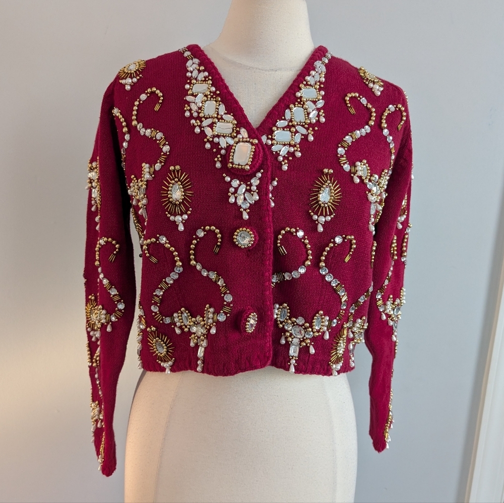 Vintage Women's Michael Simon 1993 Red Bejeweled Rhinestone Cardigan Sweater 1